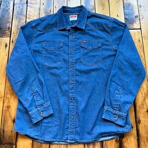 Wrangler Men’s XL Denim Chambray Pearl Snap Shirt Work Wear Blue Western Rodeo